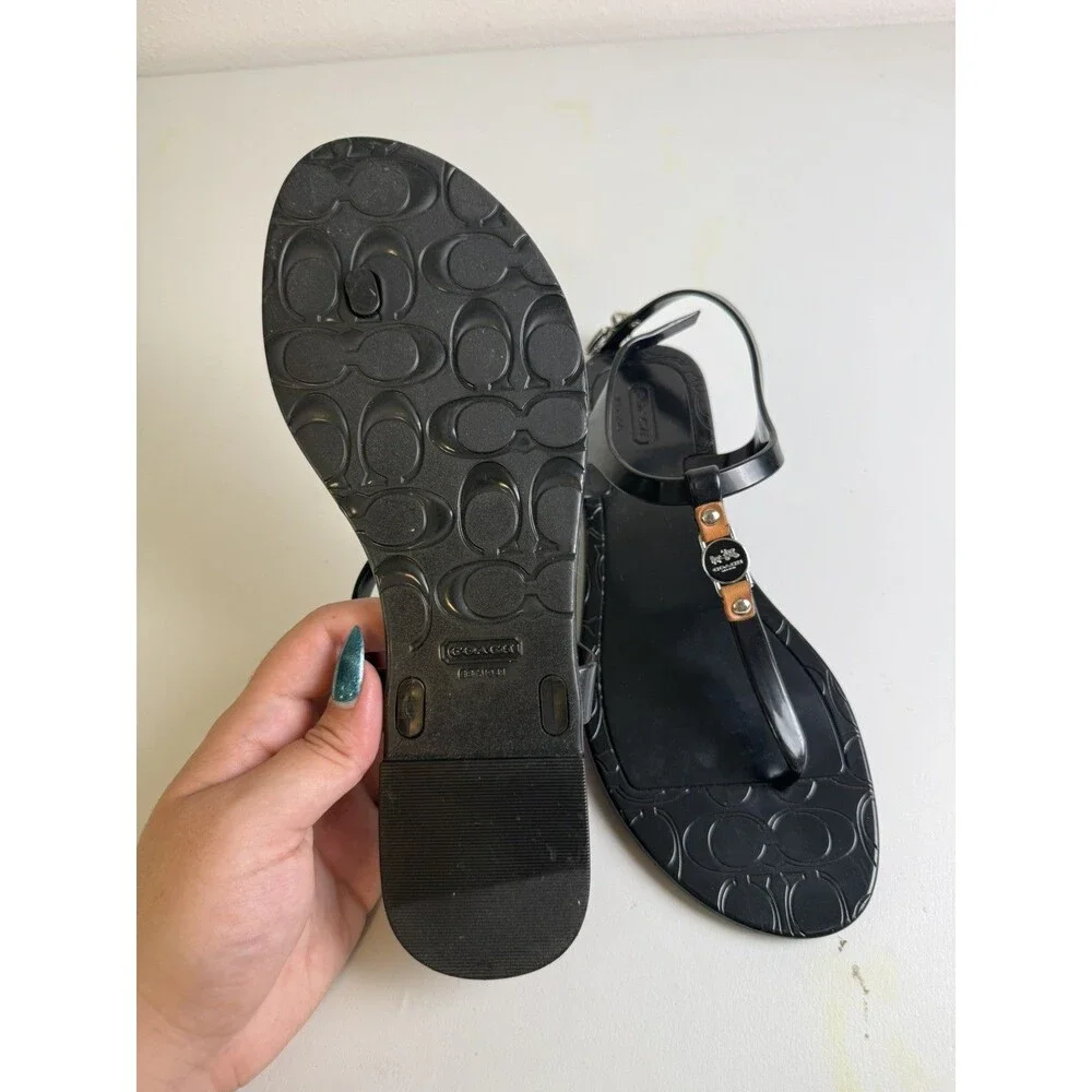Coach Women’s Black Thong Sandals T-Strap Ankle Strap Buckle Logo US 8B